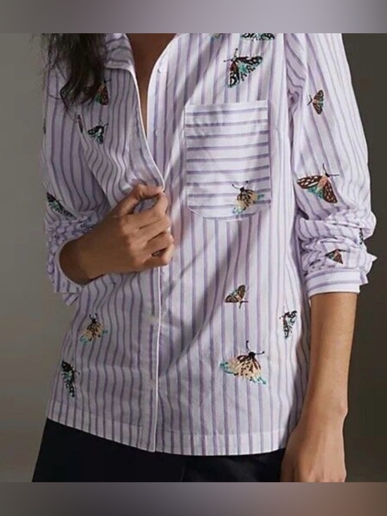 Anthropologie Tops - ANTHROPOLOGIE MAEVE Butterfly Embroidered Button Down Stripe Shirt, relaxed XS
